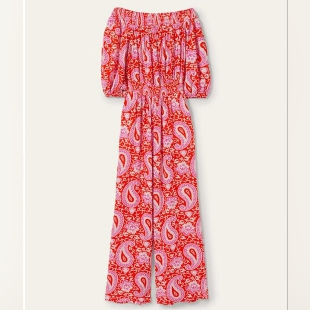 Boden Paisley Off-Shoulder Jumpsuit - Red and White Sz 8 - Picture 3 of 16
